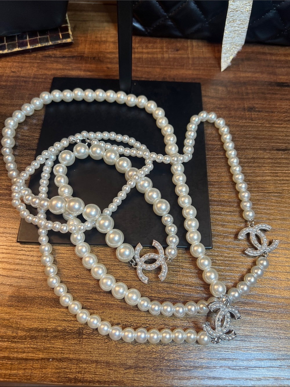 CHANEL Ivory Pearl Long Necklace with Crystal CC Logos